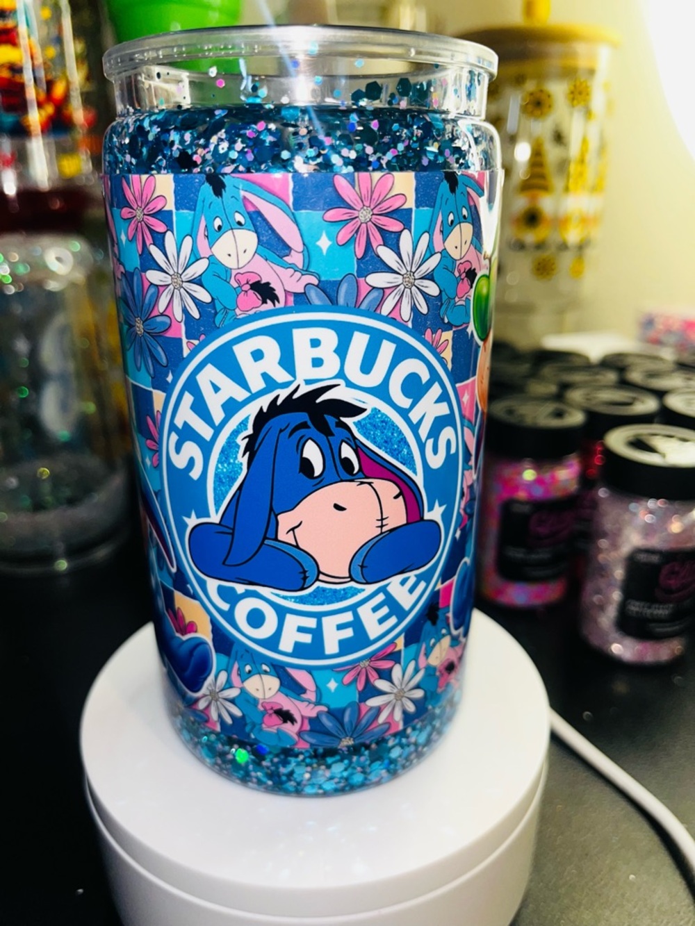 Eeyore Floral Glitter Tumbler - Blue Pink